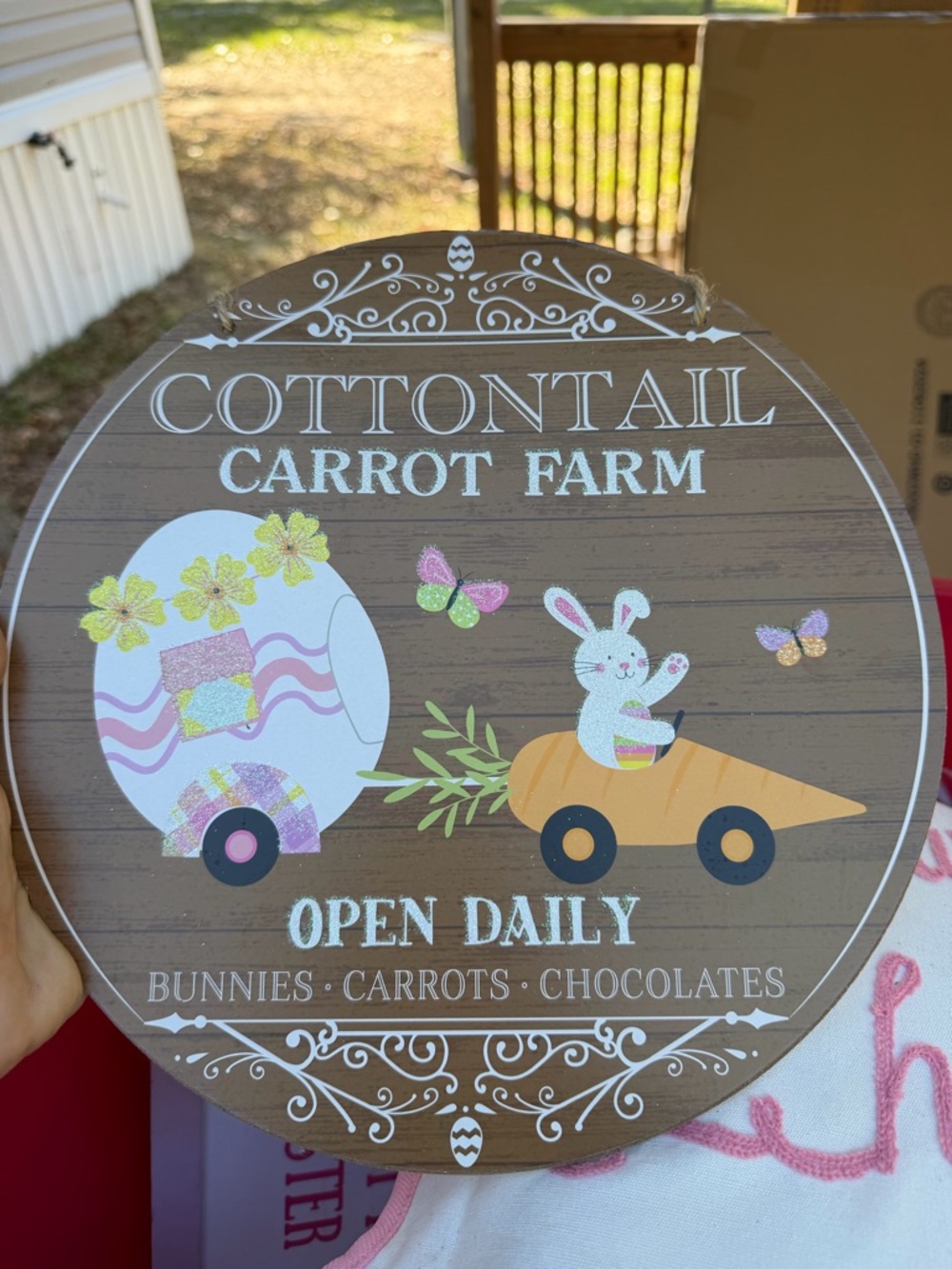 Cottontail Carrot Farm Wooden Easter Sign - Brown with Pastel Accents